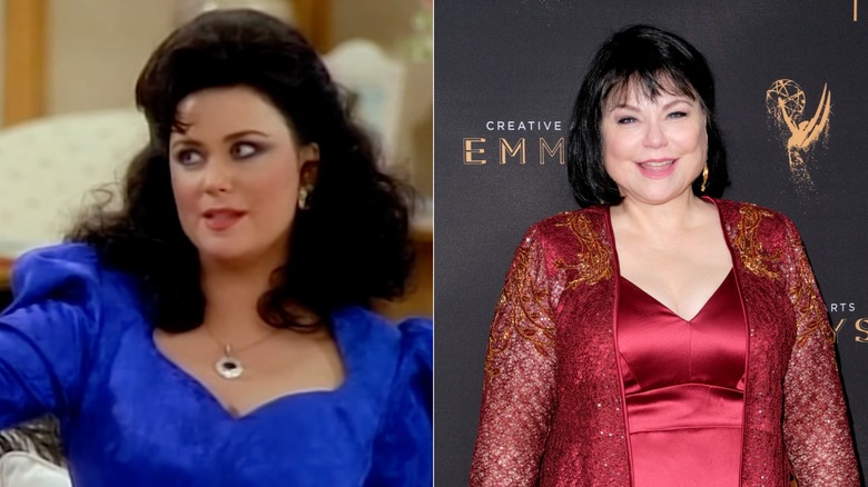 En ung Delta Burke iklädd en kungsblå klänning och en voluminös svart bouffant / En äldre Delta Burke i en satinröd klänning