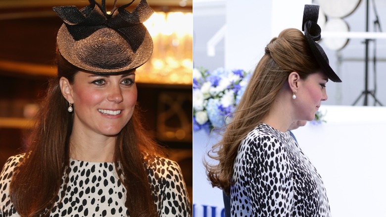Kate Middleton i en prickig klänning och med rakt hår i juni 2013